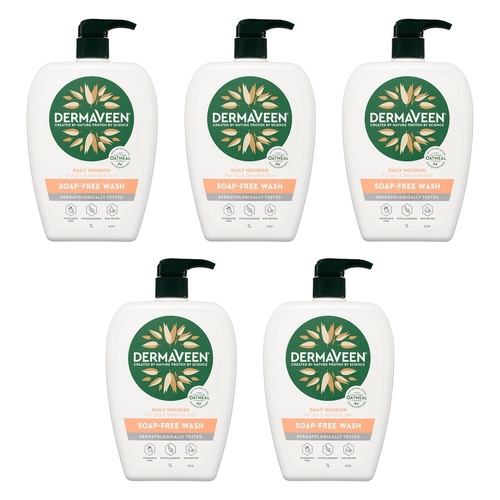 DermaVeen Daily Nourish Soap-Free Wash for Dry & Sensitive Skin 1L Pack of 5