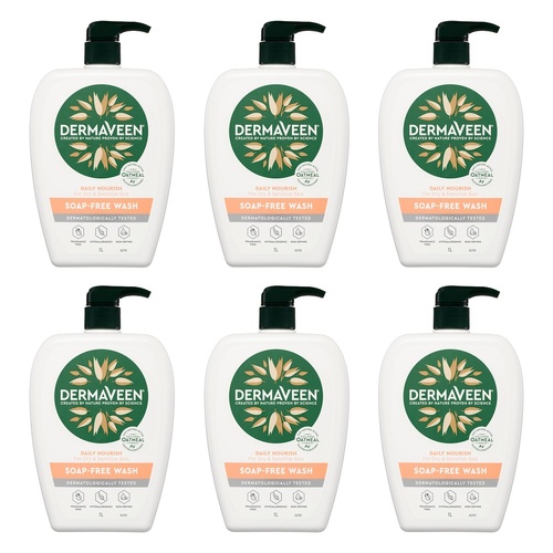 DermaVeen Daily Nourish Soap-Free Wash for Dry & Sensitive Skin 1L Pack of 6
