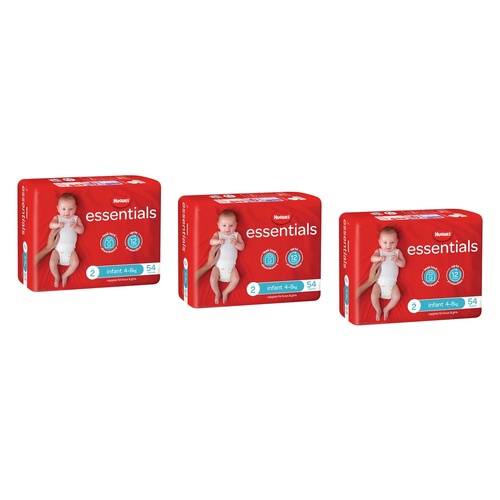 Huggies Essentials Nappies Size 2 (up to 8kg) 54 Pack x 4 Bundle of 3