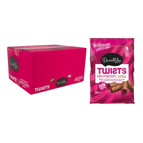 Darrell Lea Raspberry Milk Chocolate Twists 200g Display of 12