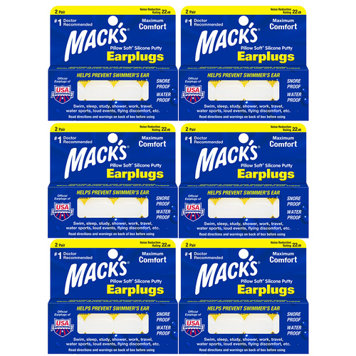 Macks Pillow Soft Silicone Putty Earplugs 2 Pair NRR 22dB Pack of 6
