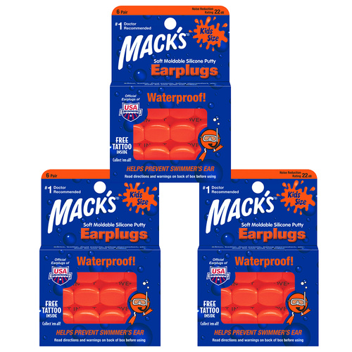 Macks Kids Waterproof Silicone Putty Earplugs 6 Pairs NRR 22dB Bundle of 3