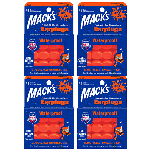 Macks Kids Waterproof Silicone Putty Earplugs 6 Pairs Pack x4 NRR 22dB