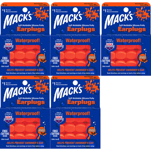 Macks Kids Waterproof Silicone Putty Earplugs 6 Pairs NRR 22dB Bundle Pack 5