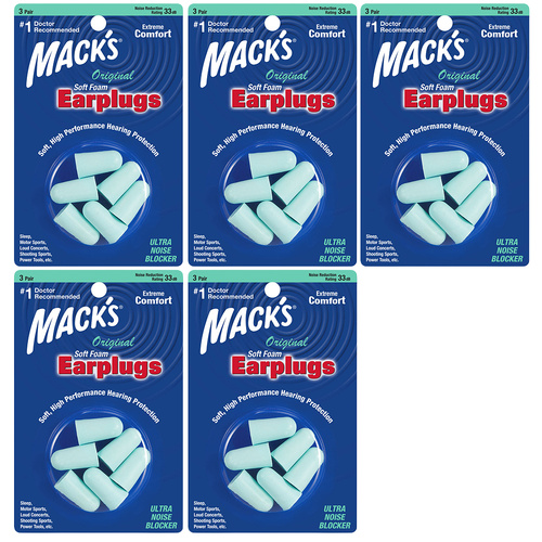 Macks Original Soft Foam Earplugs 5 Pack 3 Pair NRR 33 dB Sleep Work Travel