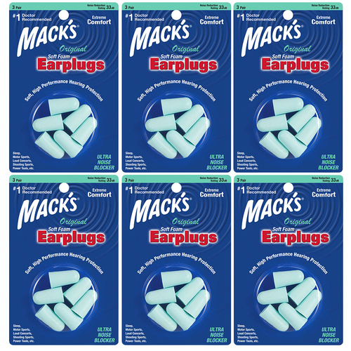 Macks Original Soft Foam Earplugs 3 Pair Packs NRR 32 dB Bundle Pack of 6