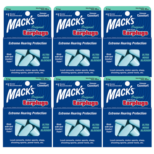 Macks Soft Foam Earplugs 5 Pair Pack of 6 NRR 32 dB Noise Reduction