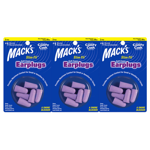 Macks Slim Fit Soft Foam Earplugs 3 Pairs NRR 29 Decibels Bundle
