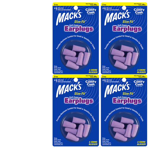 Macks Slim Fit Soft Foam Earplugs 3 Pair NRR 29 dB Bundle Pack of 4
