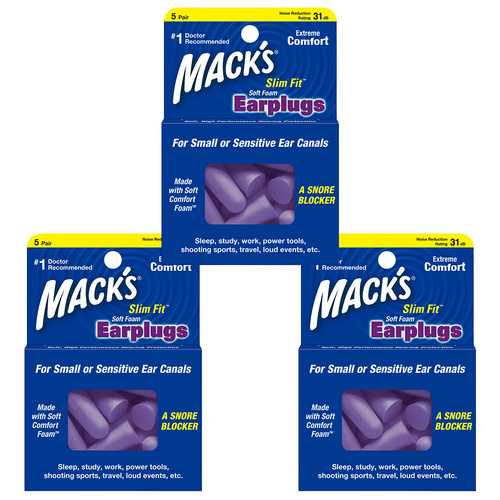 Macks Slim Fit Soft Foam Earplugs 5 Pair NRR 31dB Bundle Pack of 3