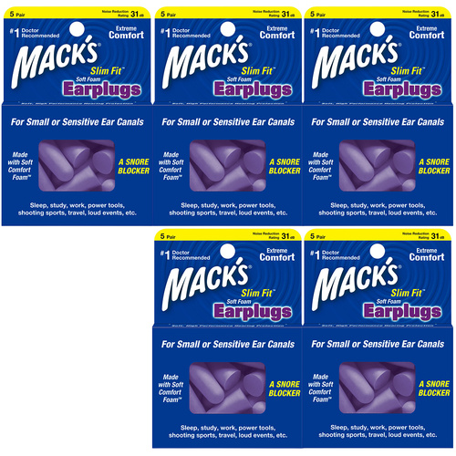 Macks Slim Fit Soft Foam Earplugs 5 Pair NRR 31 dB Bundle Pack