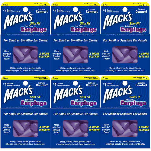 Macks Slim Fit Soft Foam Earplugs 5 Pair NRR 31dB Bundle Pack 6