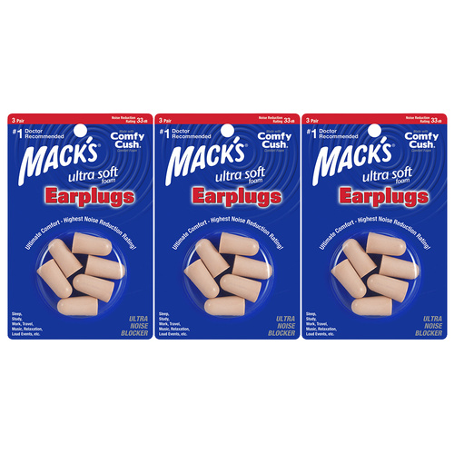 Macks Ultra Soft Foam Earplugs 3 Pairs NRR 33dB Noise Reduction Pack