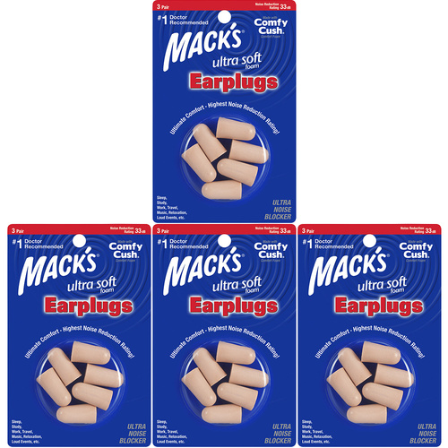 Macks Ultra Soft Foam Earplugs 3 Pair NRR 33dB Pack of 4