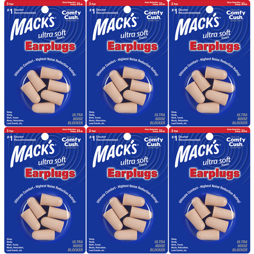 Macks Ultra Soft Foam Earplugs 6 Pack NRR 33dB Comfortable Noise Reduction