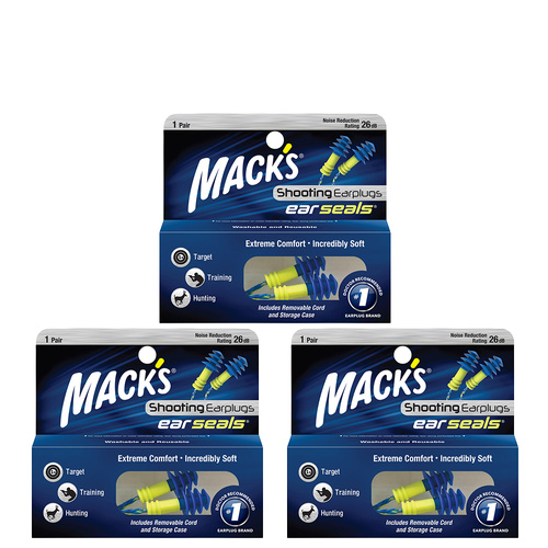 Macks Ear Seals 1 Pair Pack of 3 Removable Cord Storage Case NRR 26 dB