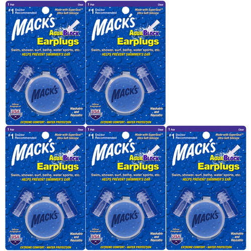 Macks AquaBlock Earplugs Pack of 5 with Carry Case Superseal Ultra Soft Silicone
