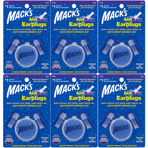 Macks AquaBlock Ultra Soft Silicone Earplugs 1 Pair with Case 6 Pack