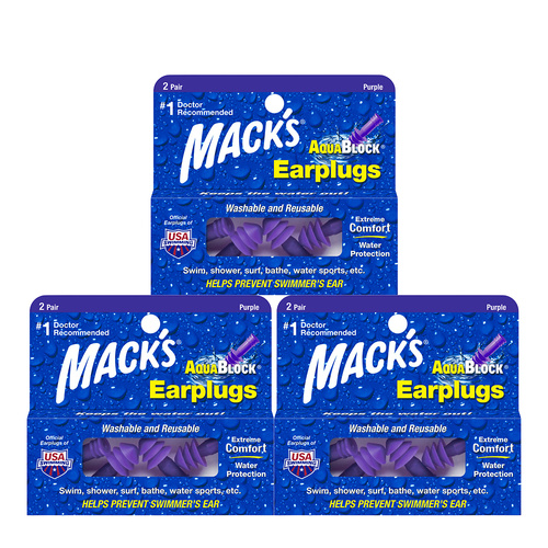 Macks AquaBlock Purple Earplugs 2 Pair Storage Case Washable Reusable Pack of 3