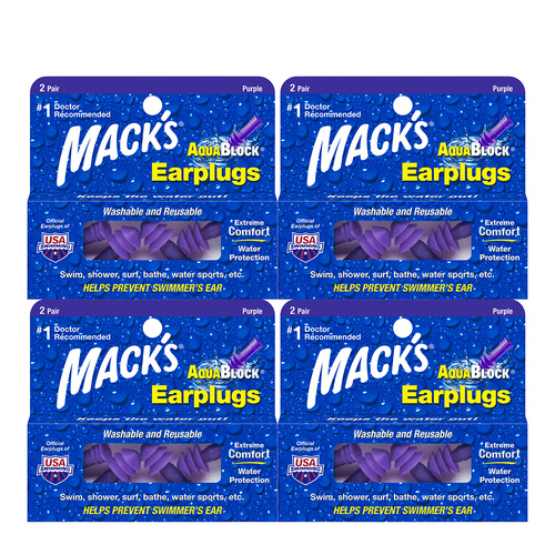 Macks AquaBlock Purple Earplugs 2 Pair with Case Washable Reusable Pack of 4