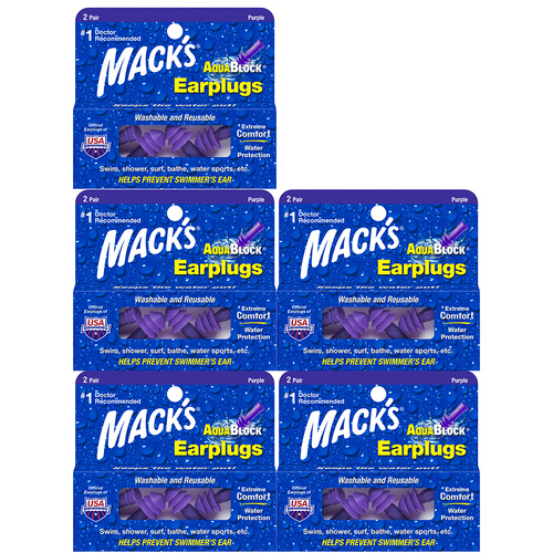 Macks AquaBlock Reusable Silicone Earplugs 2 Pair and Case Pack of 5