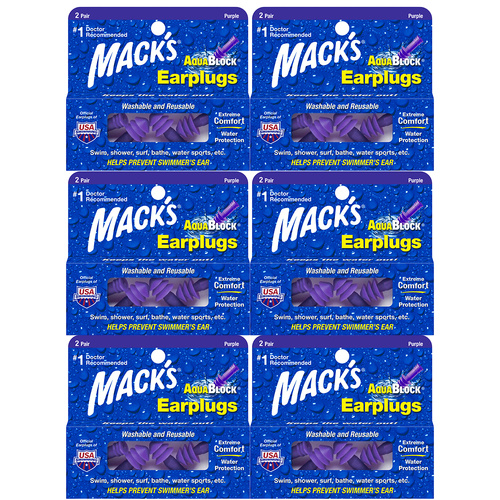 Macks Aquablock Purple 2 Pair Earplugs with Case Washable Reusable Pack of 6