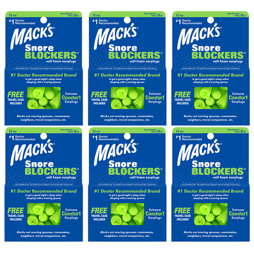 Macks Snore Blockers 12 Pair Travel Case Pack of 6 Foam Earplugs NRR32