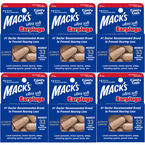 Macks Ultra Soft Foam Earplugs 6 Pack of 5 Pair Comfy Cush Foam NRR 33