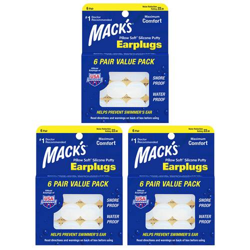 MACKS Pillow Soft Silicone Putty Earplugs 6 Pair Sleep Swim Bundle Pack 3