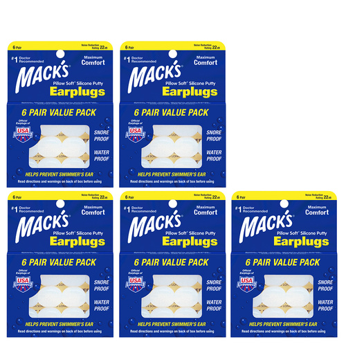 MACKS Pillow Soft Silicone Putty Earplugs 6 Pair Moldable Sleep Swim Pack of 5