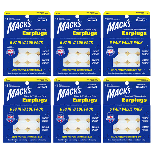 MACKS Pillow Soft Silicone Putty Earplugs 6 Pair Moldable Reusable Swim Sleep