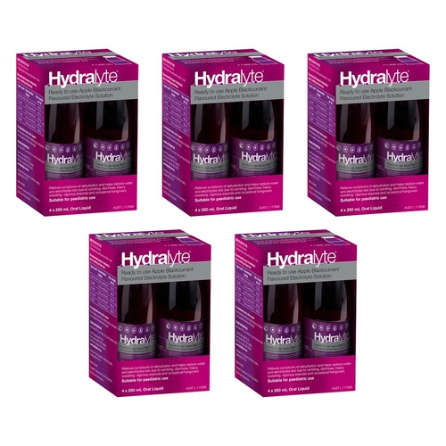 Hydralyte Apple Blackcurrant Flavoured Electrolyte Solution 4 Pack Bundle of 5