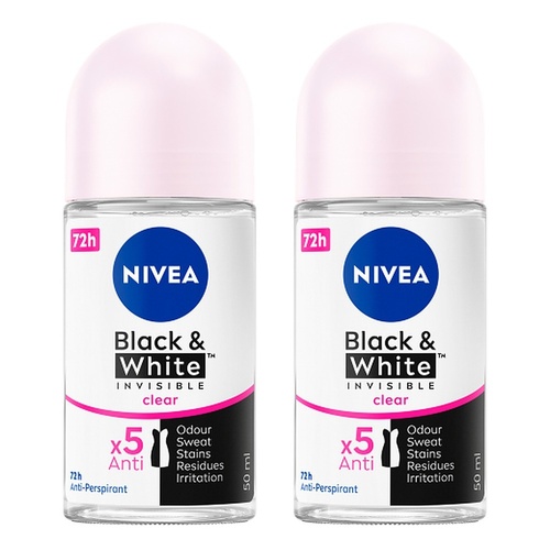 NIVEA Black & White Invisible Clear 72H Anti-Perspirant 50mL Pack of 2