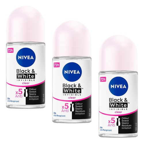 NIVEA Black & White Invisible Clear 72H Anti-Perspirant 50mL Pack of 3
