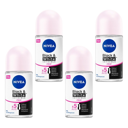 NIVEA Black & White Invisible Clear 72H Anti-Perspirant 50mL Pack of 4