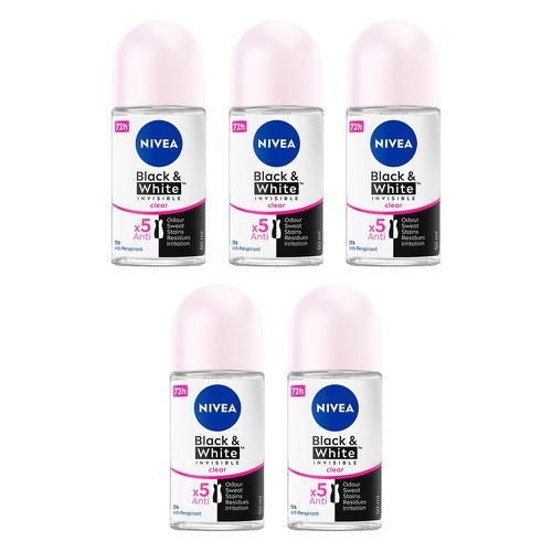 NIVEA Black & White Invisible Clear 72H Anti-Perspirant 50mL Pack of 5