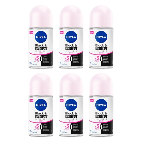 NIVEA Black & White Invisible Clear 72H Anti-Perspirant 50mL Pack of 6