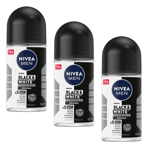 NIVEA MEN Black & White Invisible Original 72H Anti-Perspirant 50mL Pack of 3