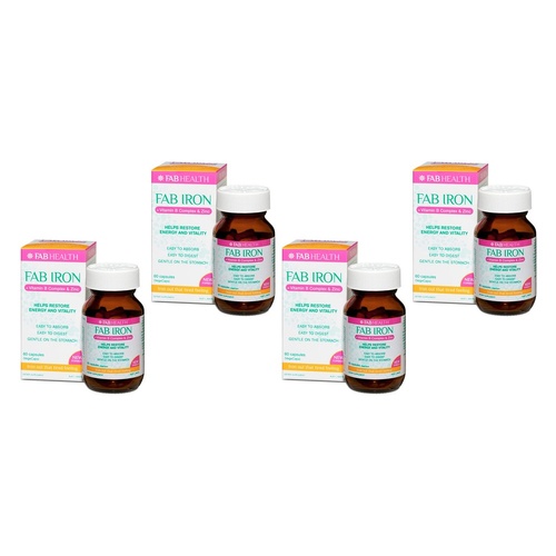 FAB Iron + Vitamin B Complex + Zinc 60 Capsules Pack of 4