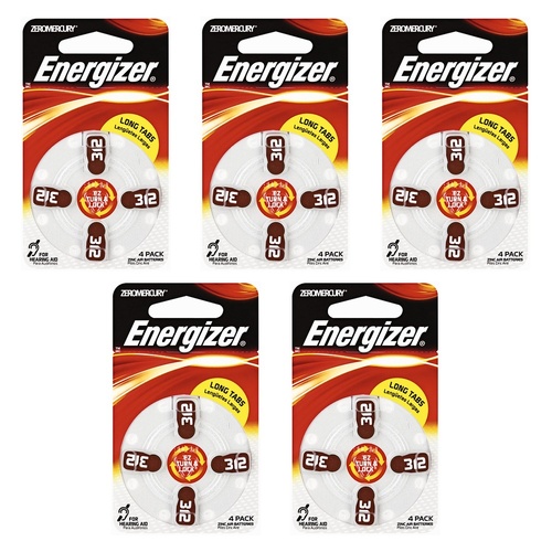 Energizer Hearing Aid Batteries AZ312 Turn & Lock 4 Pack Bundle of 5