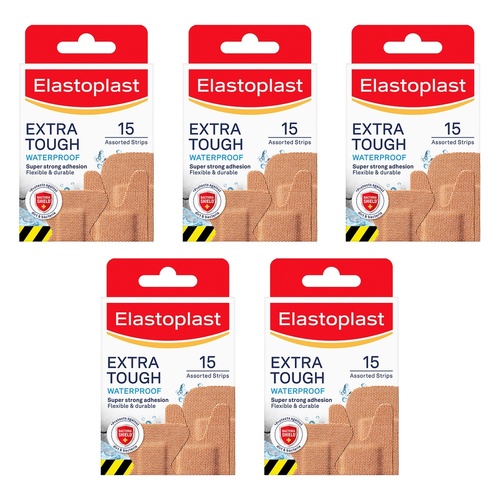 Elastoplast Extra Tough Waterproof Plasters Assorted 15 Pack Bundle of 5
