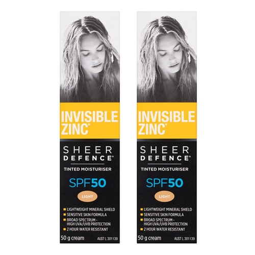 Invisible Zinc Sheer Defence Tinted Moisturiser SPF50 Light 50g Pack of 2