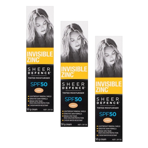 Invisible Zinc Sheer Defence Tinted Moisturiser SPF50 Light 50g Pack of 3