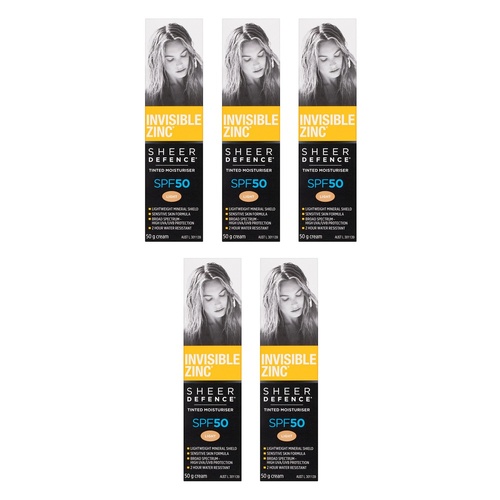 Invisible Zinc Sheer Defence Tinted Moisturiser SPF50 Light 50g Pack of 5