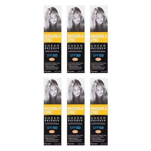 Invisible Zinc Sheer Defence Tinted Moisturiser SPF50 Light 50g Pack of 6