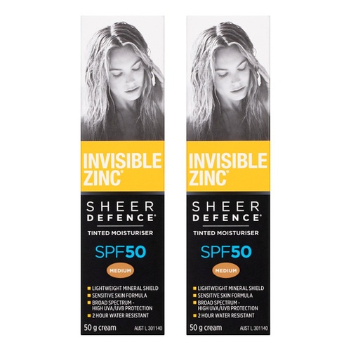 Invisible Zinc Sheer Defence Tinted Moisturiser SPF50 Medium 50g Pack of 2