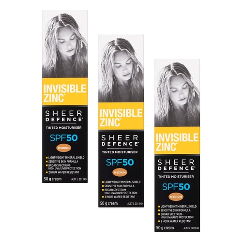Invisible Zinc Sheer Defence Tinted Moisturiser SPF50 Medium 50g Pack of 3