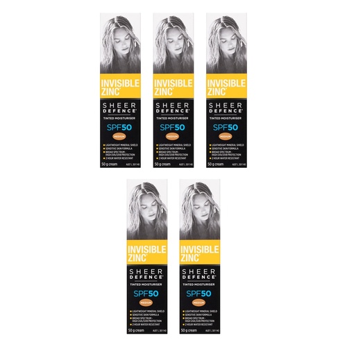 Invisible Zinc Sheer Defence Tinted Moisturiser SPF50 Medium 50g Pack of 5