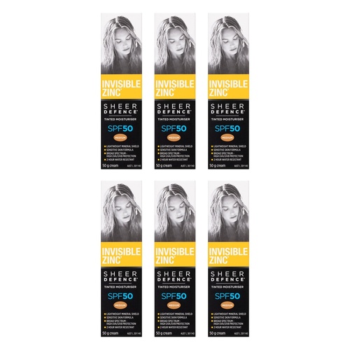 Invisible Zinc Sheer Defence Tinted Moisturiser SPF50 Medium 50g Pack of 6