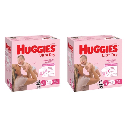 Huggies Jumbo UltraDry Nappies Crawler Girl 90 Pack Bundle of 2